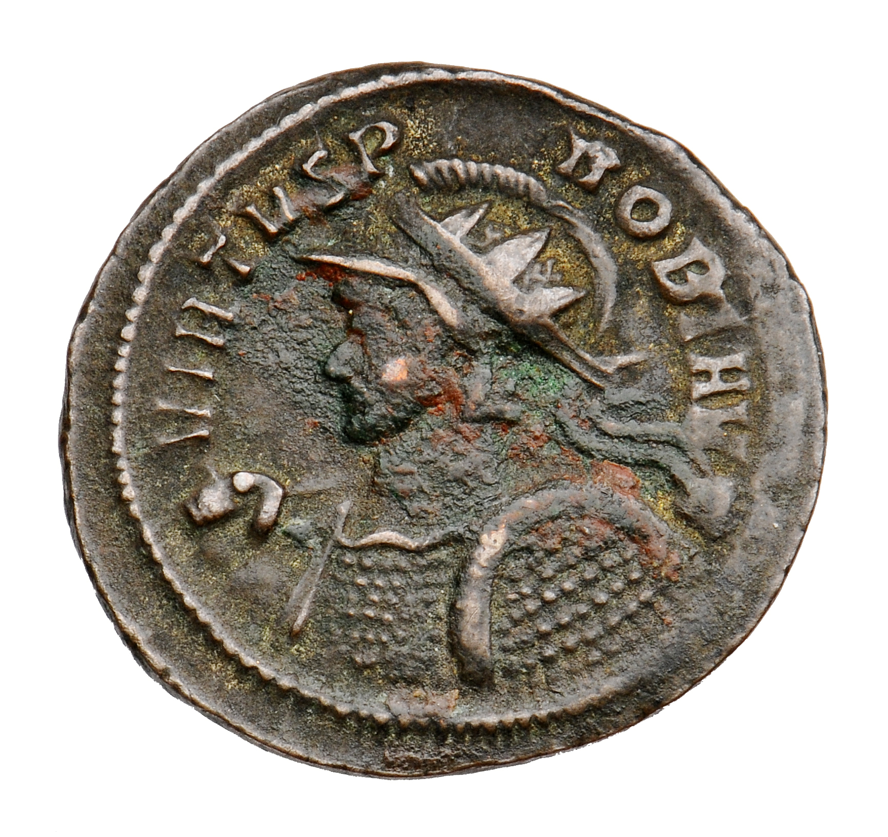 RIC V Probus 526 Probus obverse, Bust of Probus, helmeted, radiate, cuirassed, left, holding spear in right hand and shiel...