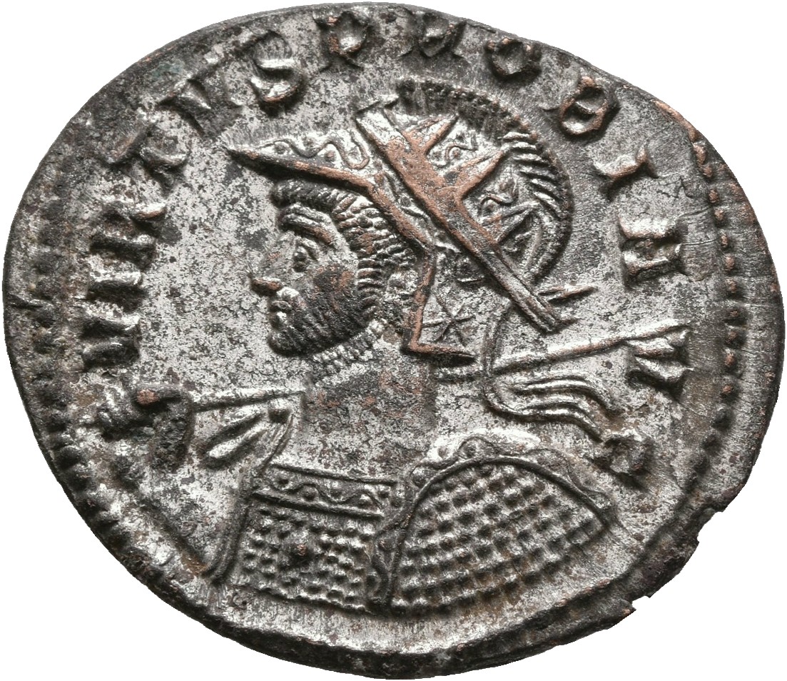 RIC V Probus 526 Probus obverse, Bust of Probus, helmeted, radiate, cuirassed, left, holding spear in right hand and shiel...