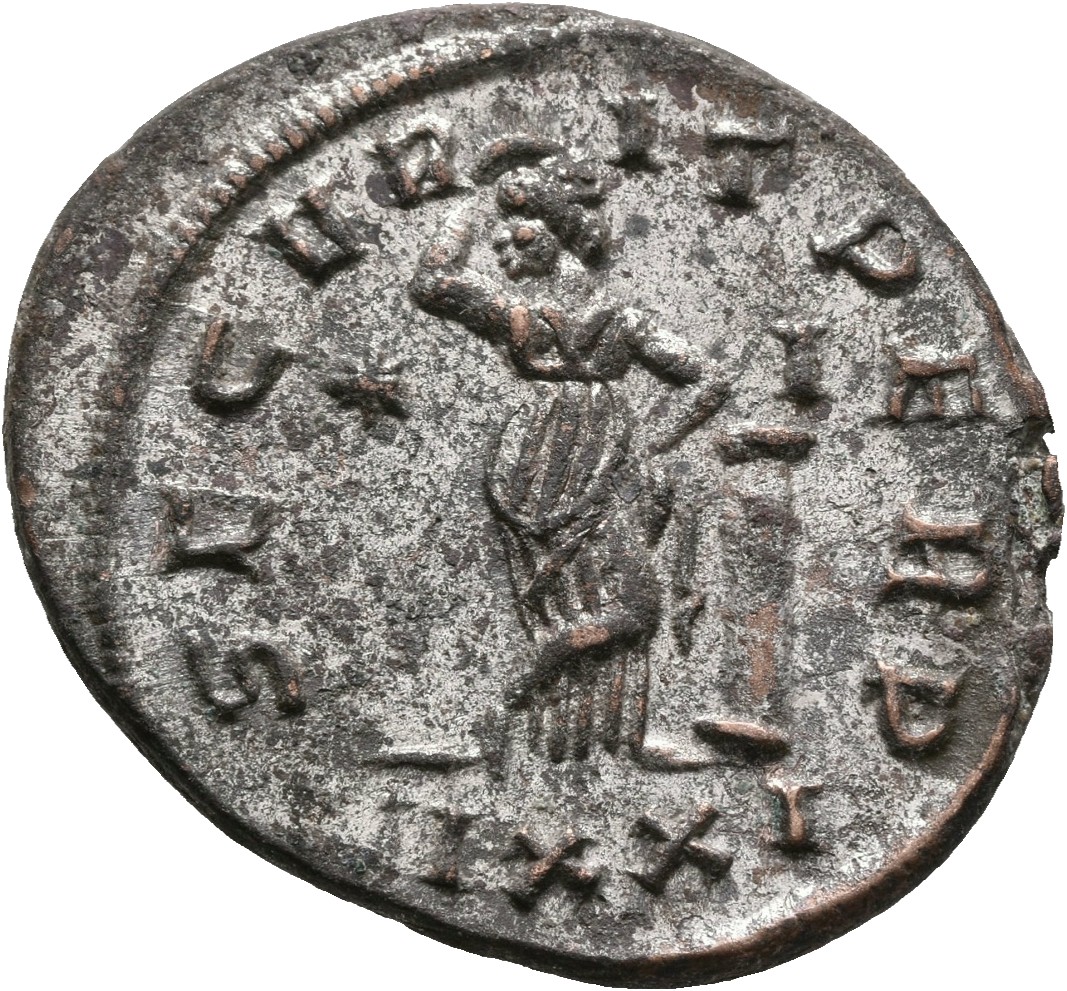 RIC V Probus 526 Probus reverse, Securitas, draped, standing left, legs crossed, leaning on column, raising right hand to ...