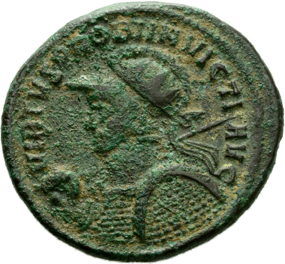RIC V Probus 527 Probus obverse, Bust of Probus, helmeted, radiate, cuirassed, left, holding spear in right hand and shiel...