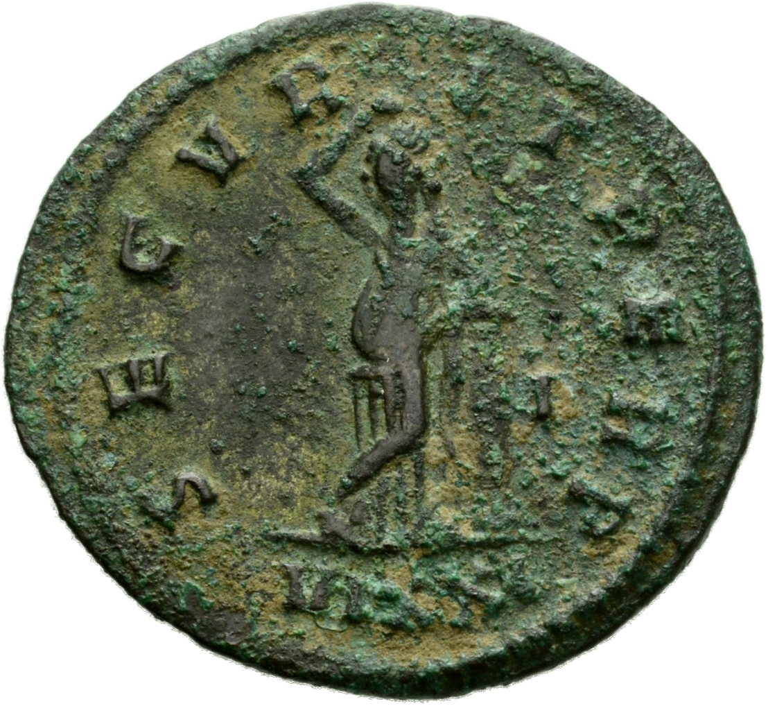 RIC V Probus 527 Probus reverse, Securitas, draped, standing left, legs crossed, leaning on column, raising right hand to ...
