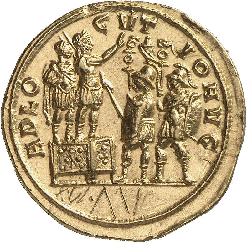 RIC V Probus 581 Probus reverse, Probus, standing left on platform, with Praetorian prefect, addressing two soldiers, each...