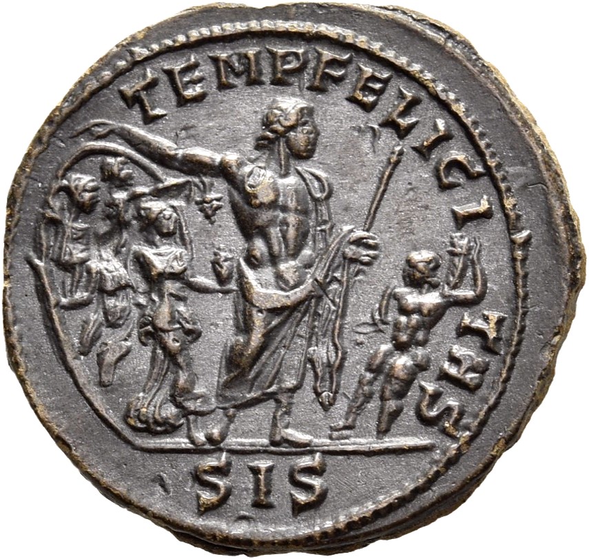 RIC V Probus 598 Probus reverse, Saturn or Tempus, standing right, right hand on zodiac chart in which are the four season...