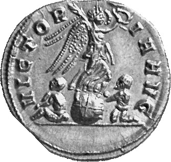 RIC V Probus 600 Probus reverse, Victory, winged, draped, set on globe, right, between two captives, holding wreath in rig...