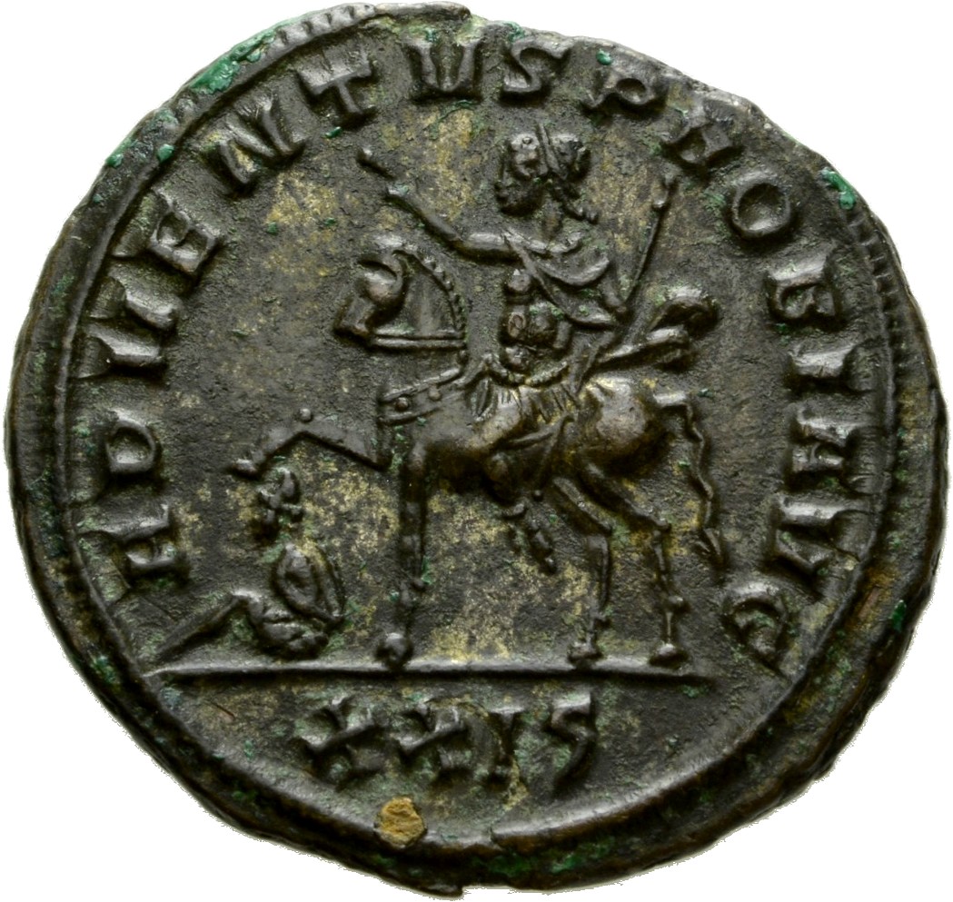 RIC V Probus 632 Probus reverse, Probus, riding left, raising right hand and holding sceptre in left hand; under horse, ca...