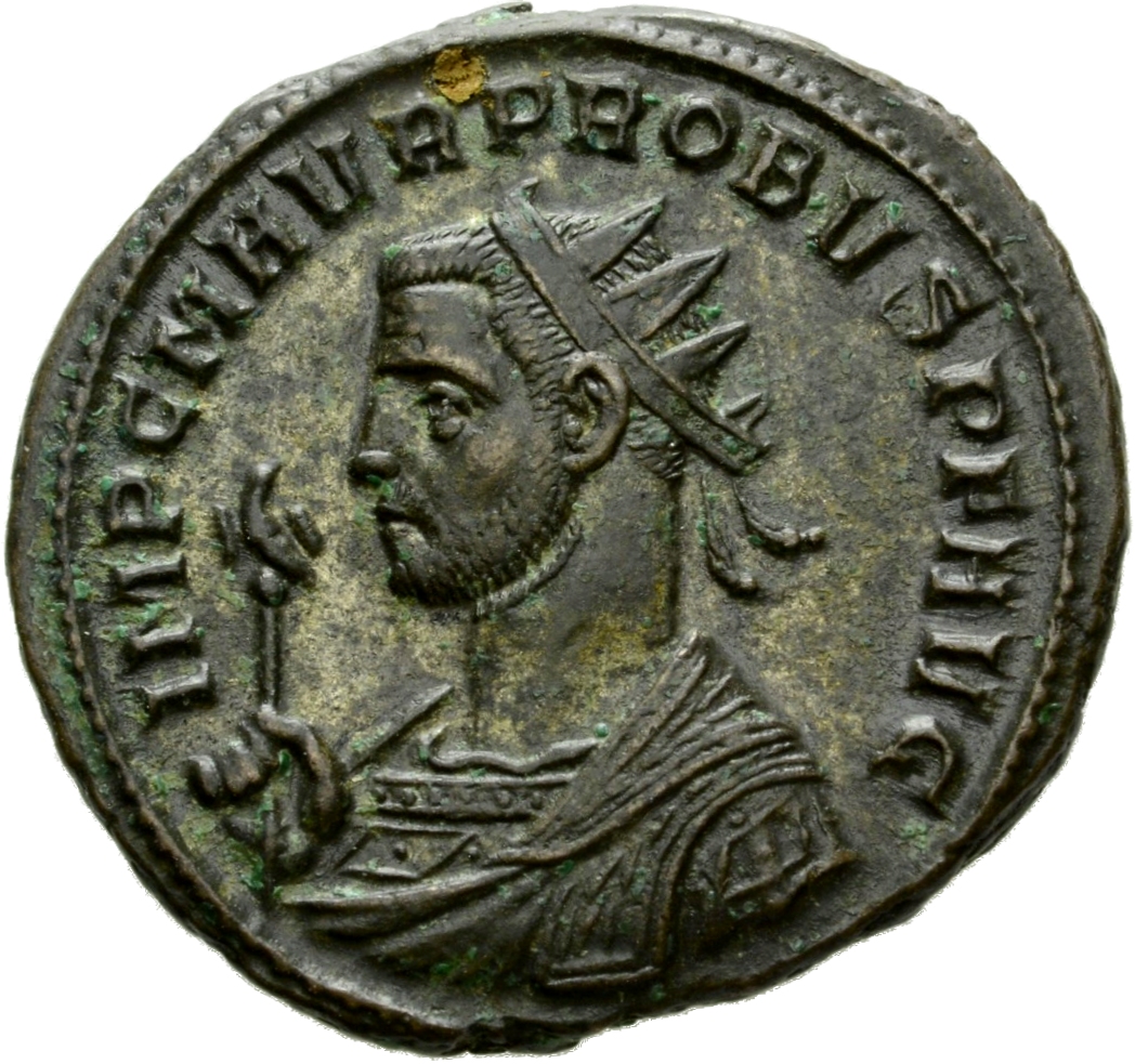 RIC V Probus 632 Probus obverse, Bust of Probus, helmeted, radiate, cuirassed, left, holding spear in right hand and shiel...
