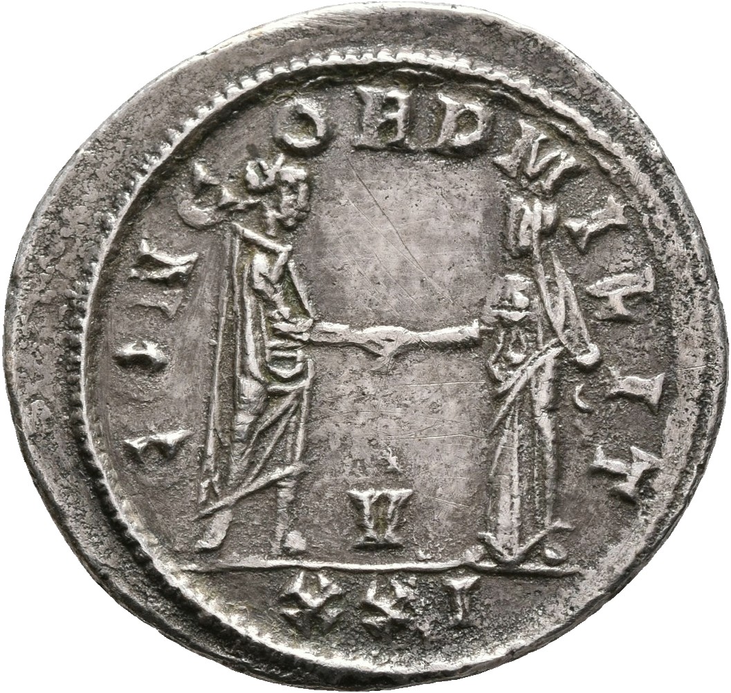 RIC V Probus 651 Probus reverse, Probus, standing right, clasping hand of Concordia, standing left