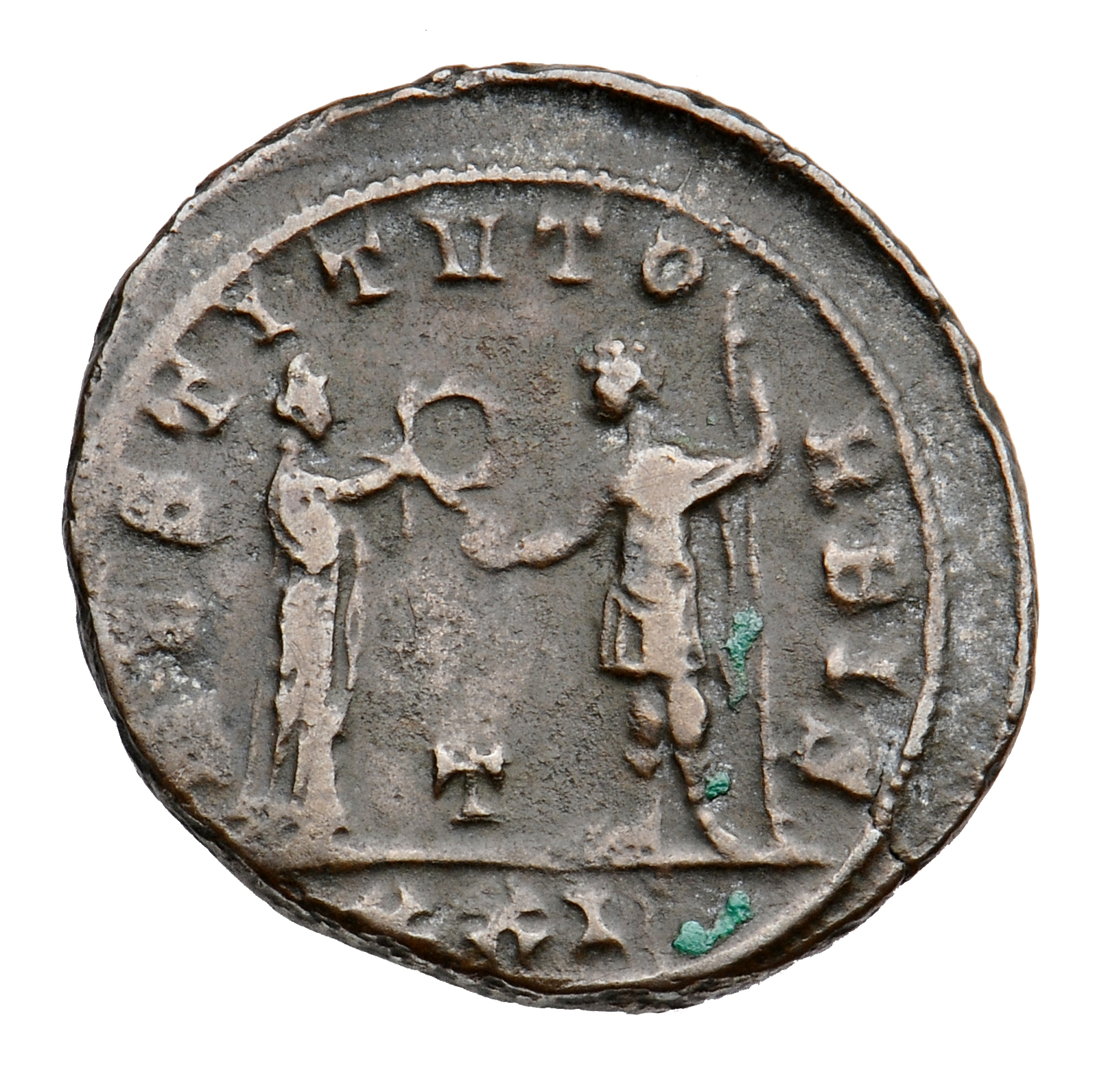 RIC V Probus 731 Probus reverse, Female figure, standing right, presenting wreath to Probus, standing left, holding globe ...