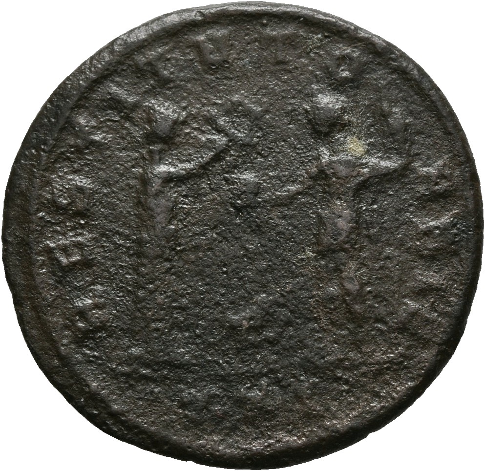 RIC V Probus 731 Probus reverse, Female figure, standing right, presenting wreath to Probus, standing left, holding globe ...