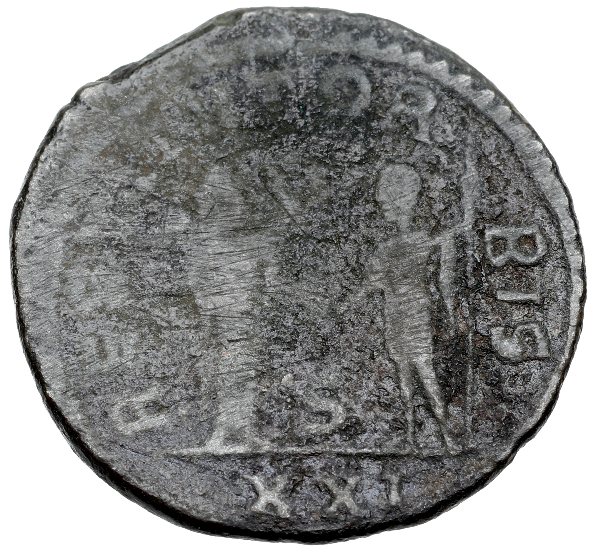 RIC V Probus 733 Probus reverse, Female figure, standing right, presenting wreath to Probus, standing left, holding globe ...