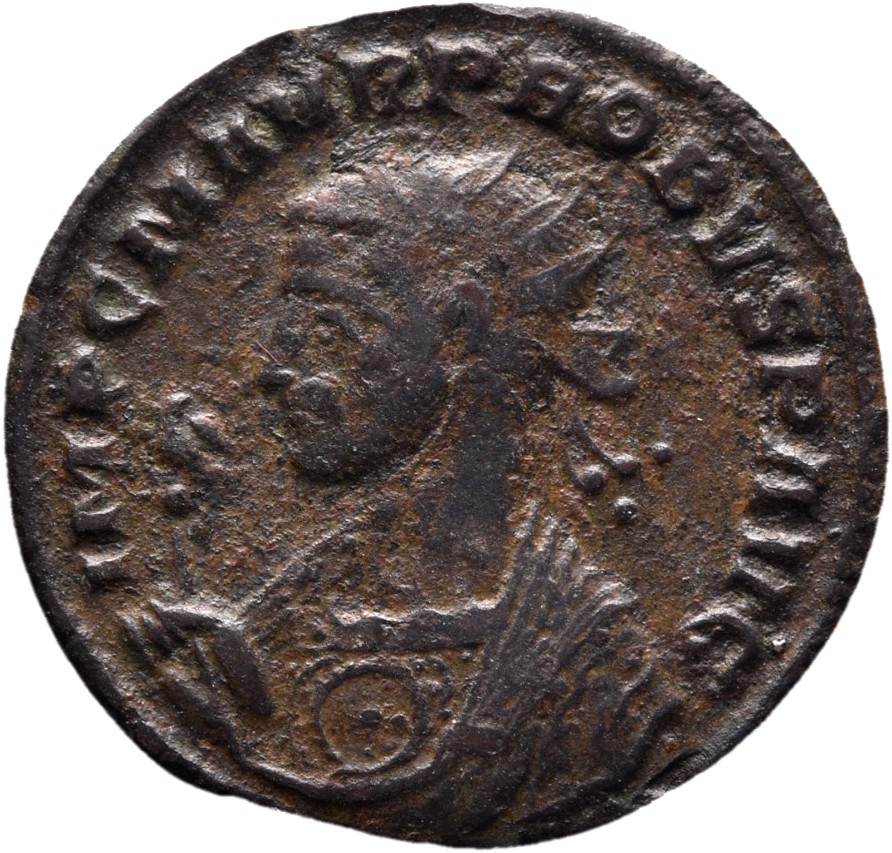 RIC V Probus 774 Probus obverse, Bust of Probus, helmeted, radiate, cuirassed, left, holding spear in right hand and shiel...