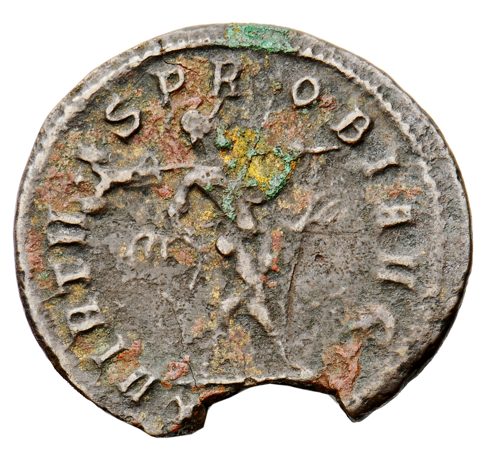 RIC V Probus 811 Probus reverse, Mars, helmeted, walking right, holding spear in right hand and trophy in left hand; somet...