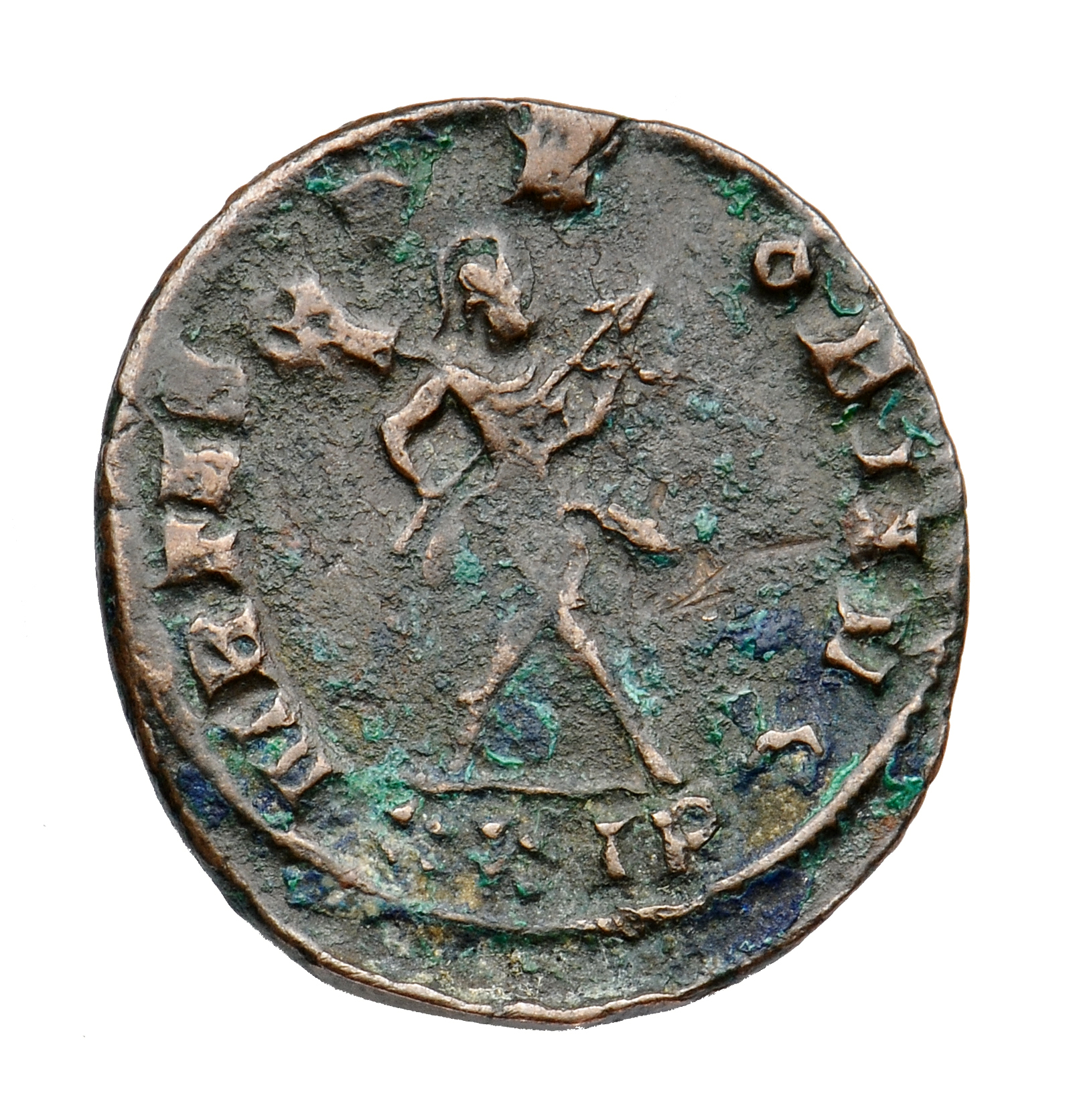 RIC V Probus 816 Probus reverse, Mars, helmeted, walking right, holding spear in right hand and trophy in left hand; somet...
