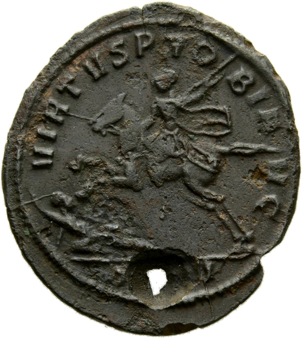 RIC V Probus 818 Probus reverse, Probus, galloping left over enemy; sometimes under horse, shield