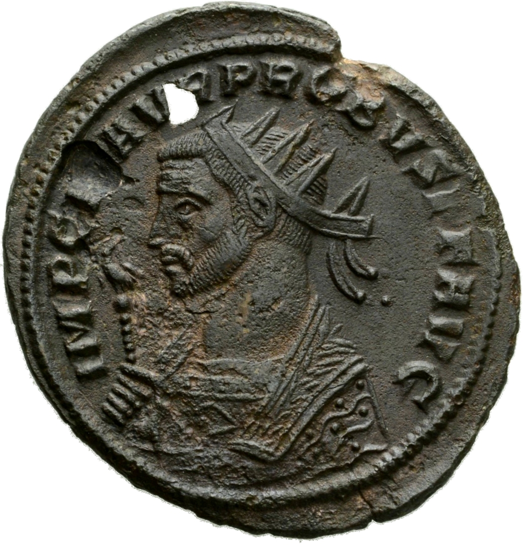 RIC V Probus 818 Probus obverse, Bust of Probus, helmeted, radiate, cuirassed, left, holding spear in right hand and shiel...