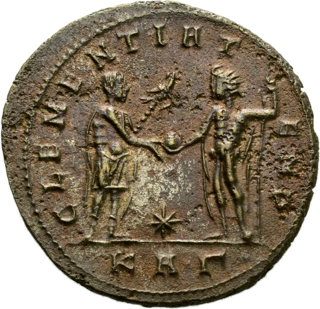RIC V Probus 841 Probus reverse, Probus, standing right, holding sceptre surmounted by eagle, receiving globe from Jupiter...