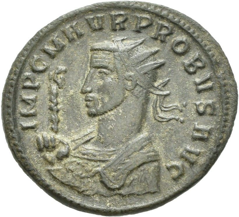 RIC V Probus 862 Probus obverse, Bust of Probus, helmeted, radiate, cuirassed, left, holding spear in right hand and shiel...