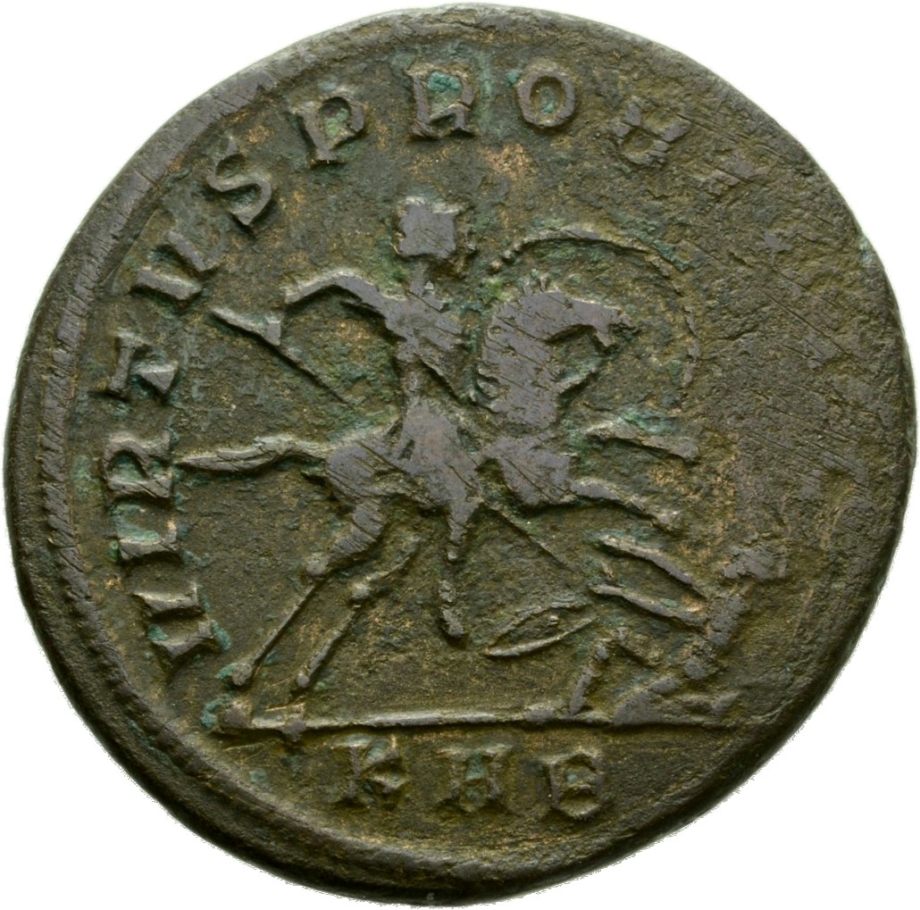 RIC V Probus 878 Probus reverse, Probus, galloping right, spearing enemy whose shield lies beneath horse