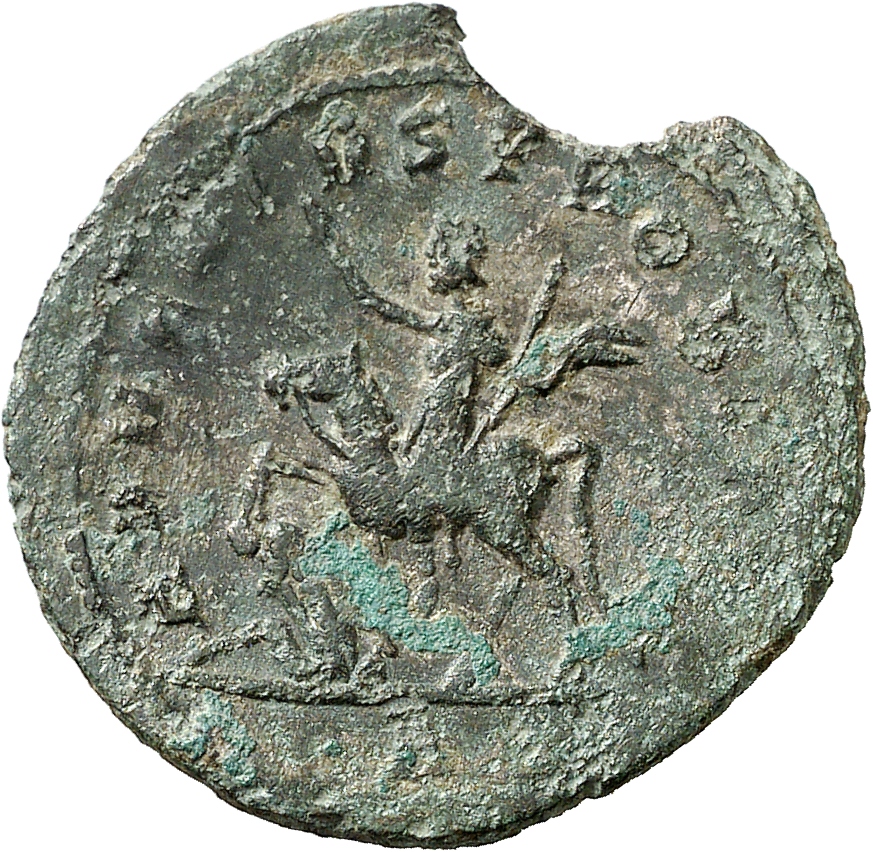 RIC V Probus 904 Probus reverse, Probus, riding left, raising right hand and holding sceptre in left hand; at his feet, ca...