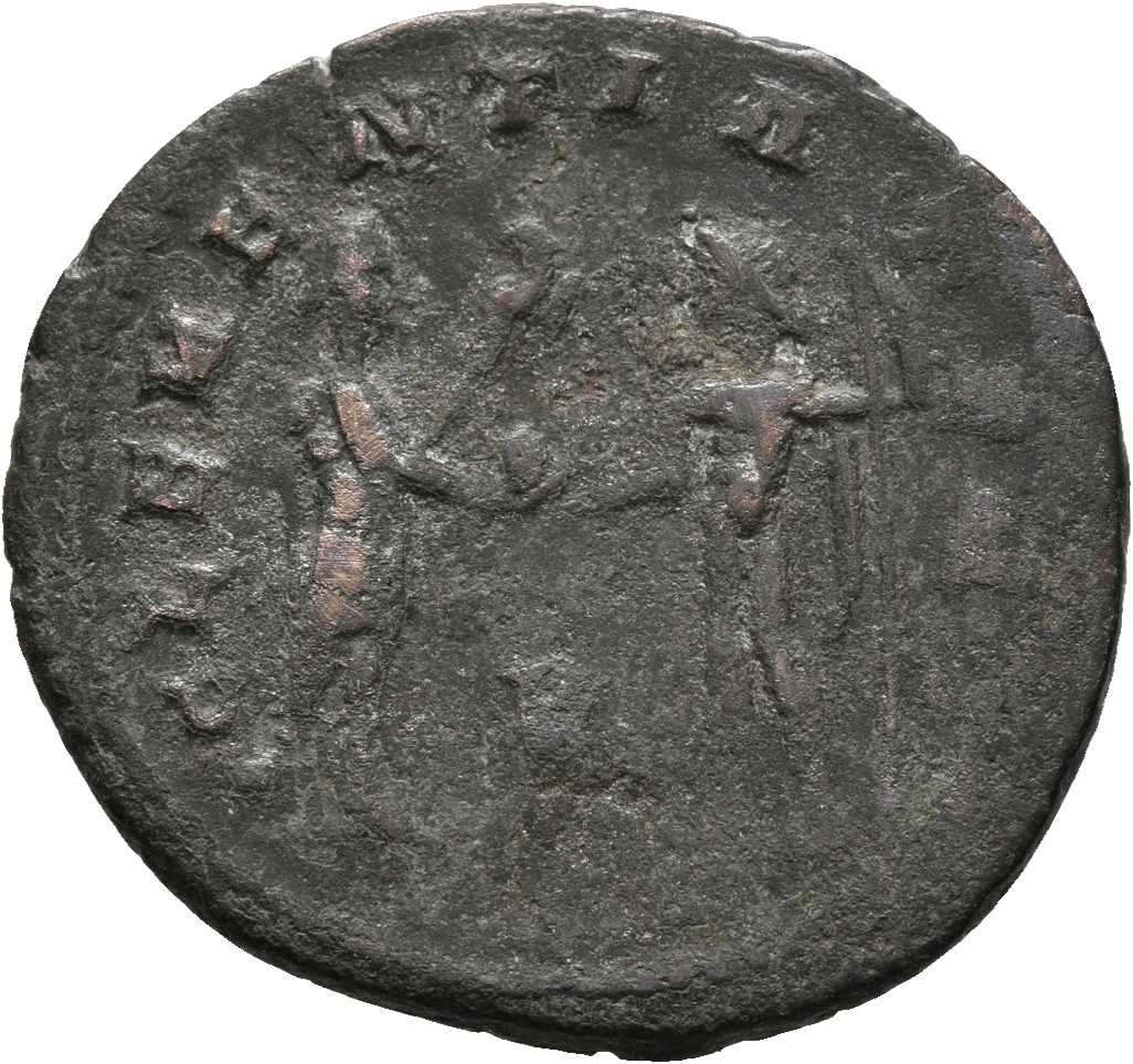 RIC V Probus 905 Probus reverse — Probus, standing right, holding sceptre surmounted by eagle, receiving globe from Jupite...