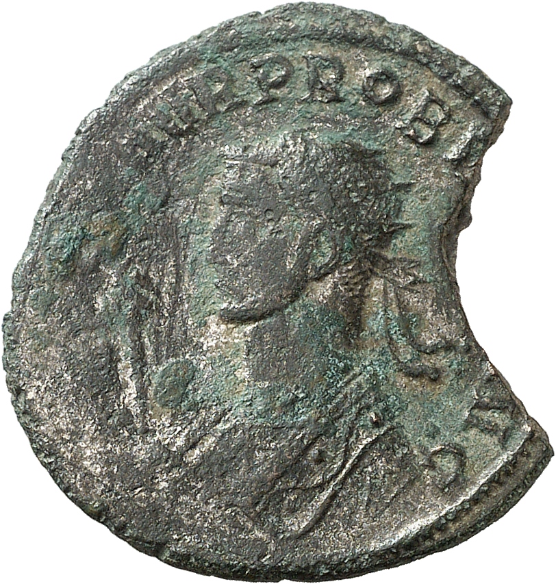 RIC V Probus 911 Probus obverse, Bust of Probus, helmeted, radiate, cuirassed, left, holding spear in right hand and shiel...