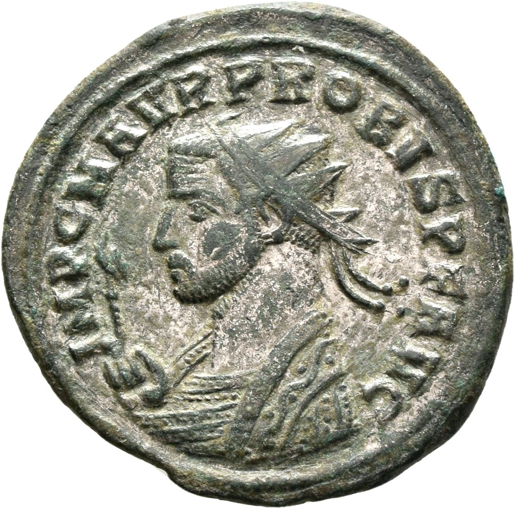 RIC V Probus 911 Probus obverse — Bust of Probus, helmeted, radiate, cuirassed, left, holding spear in right hand and shie...
