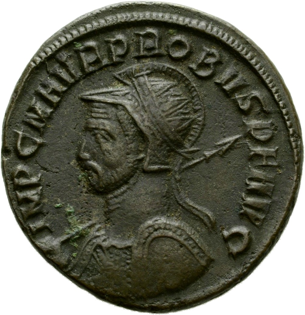 RIC V Probus 913 Probus obverse, Bust of Probus, helmeted, radiate, cuirassed, left, holding spear in right hand and shiel...