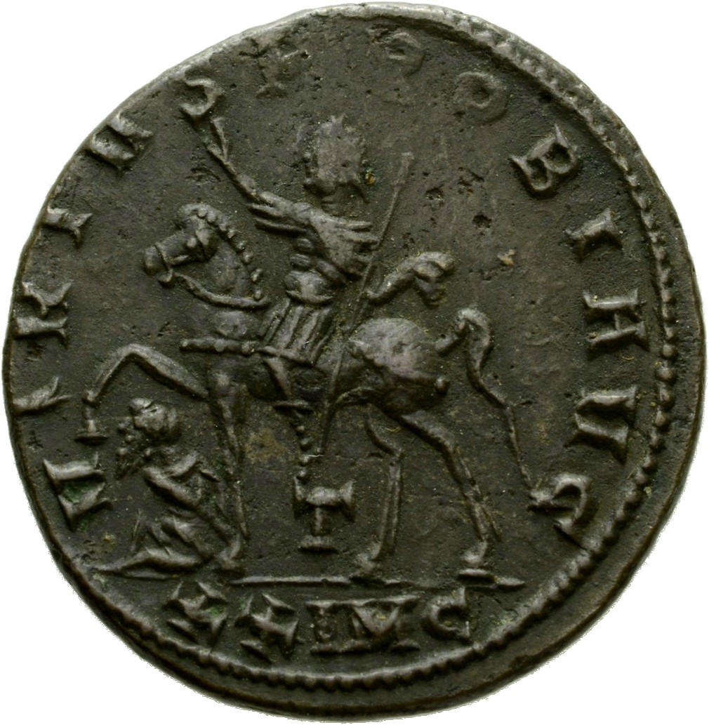 RIC V Probus 913 Probus reverse, Probus, riding left, raising right hand and holding sceptre in left hand; at his feet, ca...
