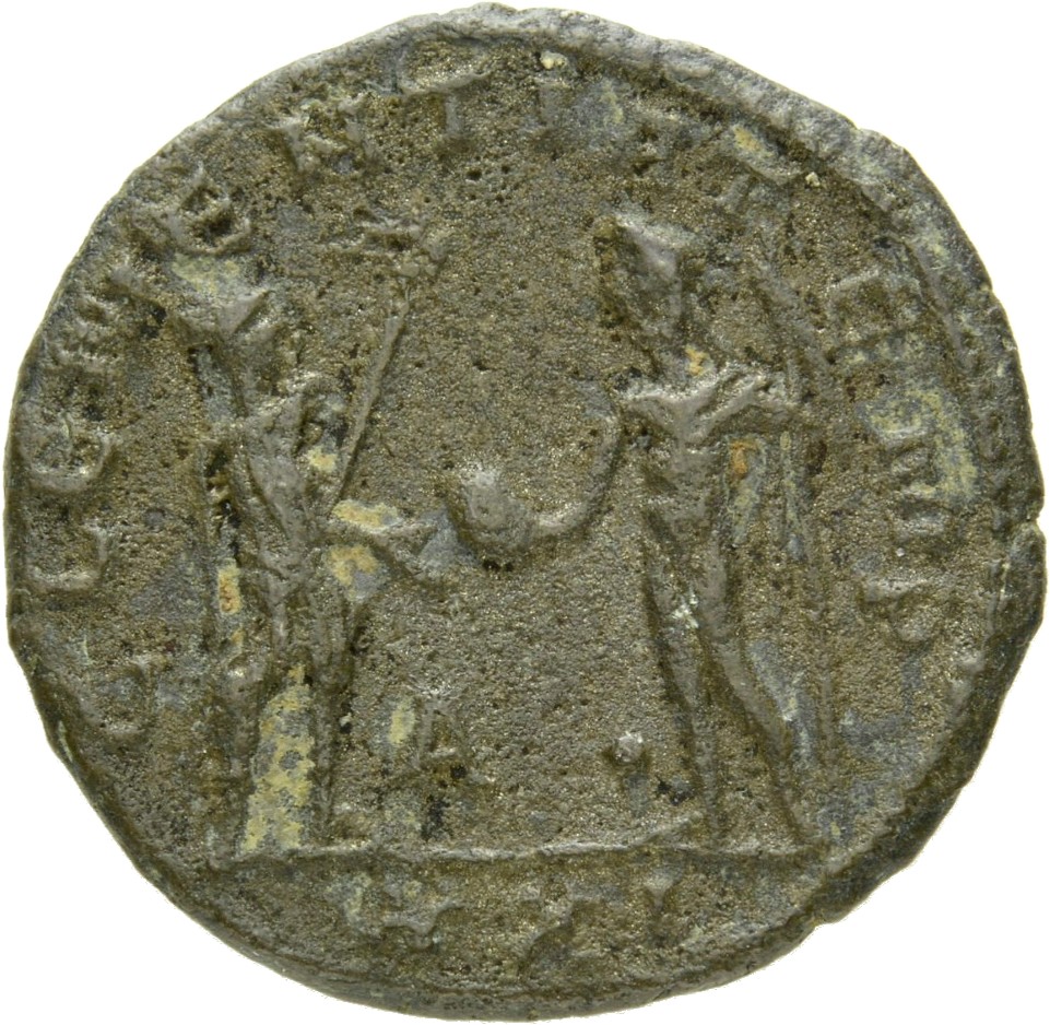 RIC V Probus 921 Probus reverse, Probus, standing right, holding sceptre, receiving globe from Jupiter, standing left, hol...