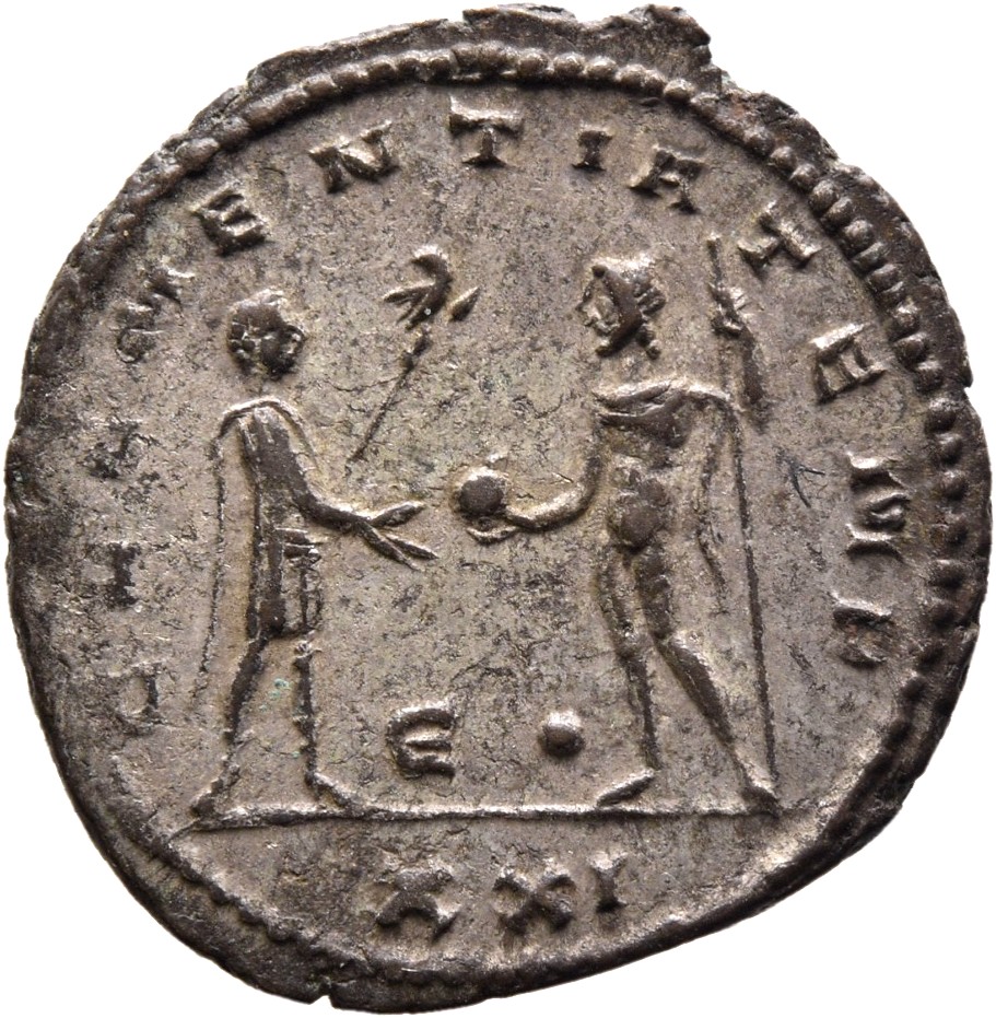 RIC V Probus 921 Probus reverse, Probus, standing right, holding sceptre, receiving globe from Jupiter, standing left, hol...