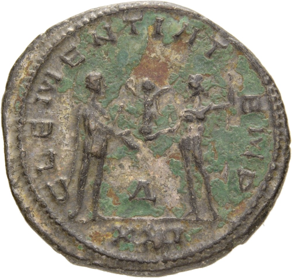 RIC V Probus 922 Probus reverse, Probus, standing right, holding sceptre, receiving Victory set on globe from Jupiter, sta...