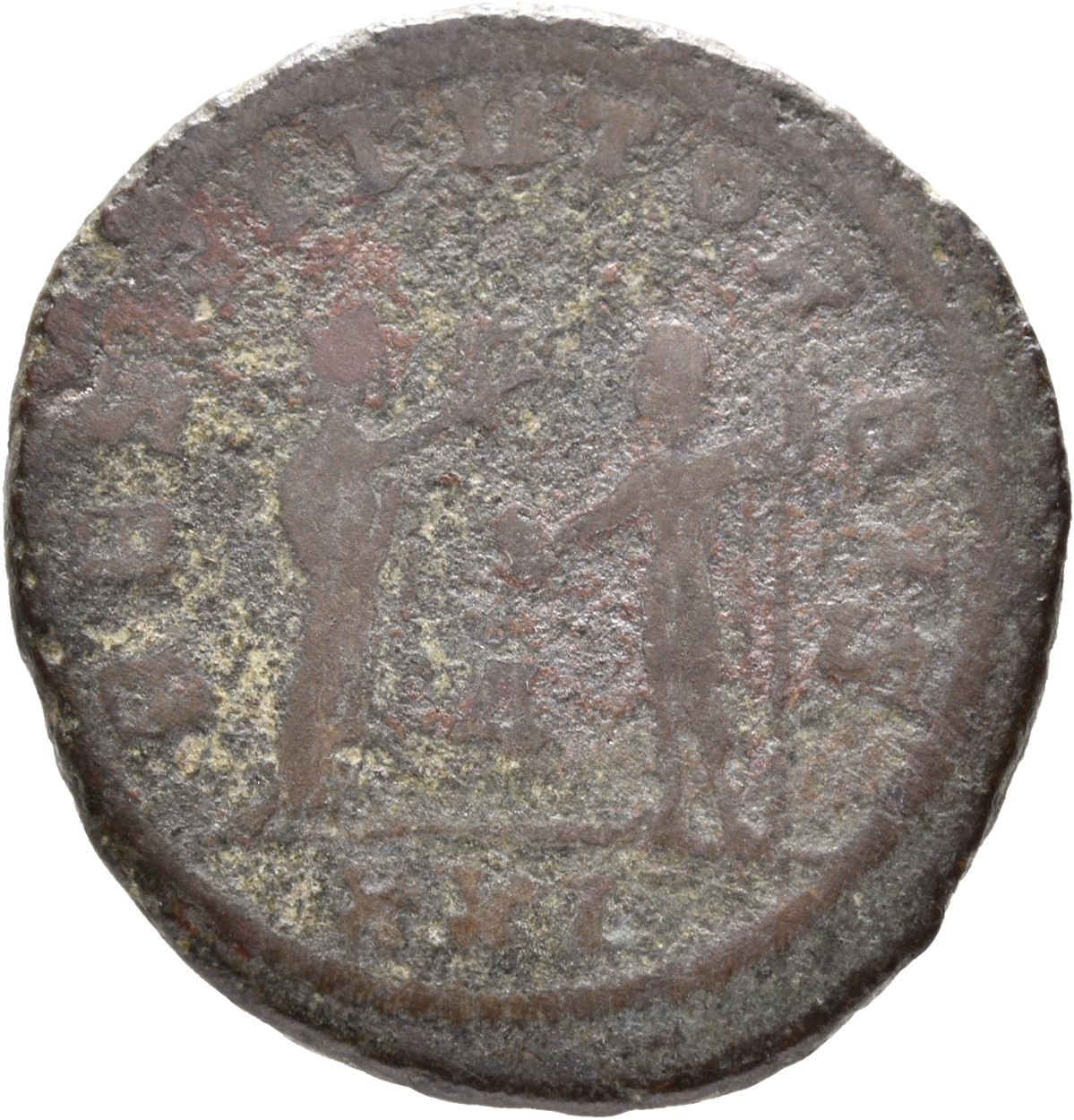 RIC V Probus 925 Probus reverse, Female figure, draped, standing right, presenting wreath to Probus, standing left, holdin...
