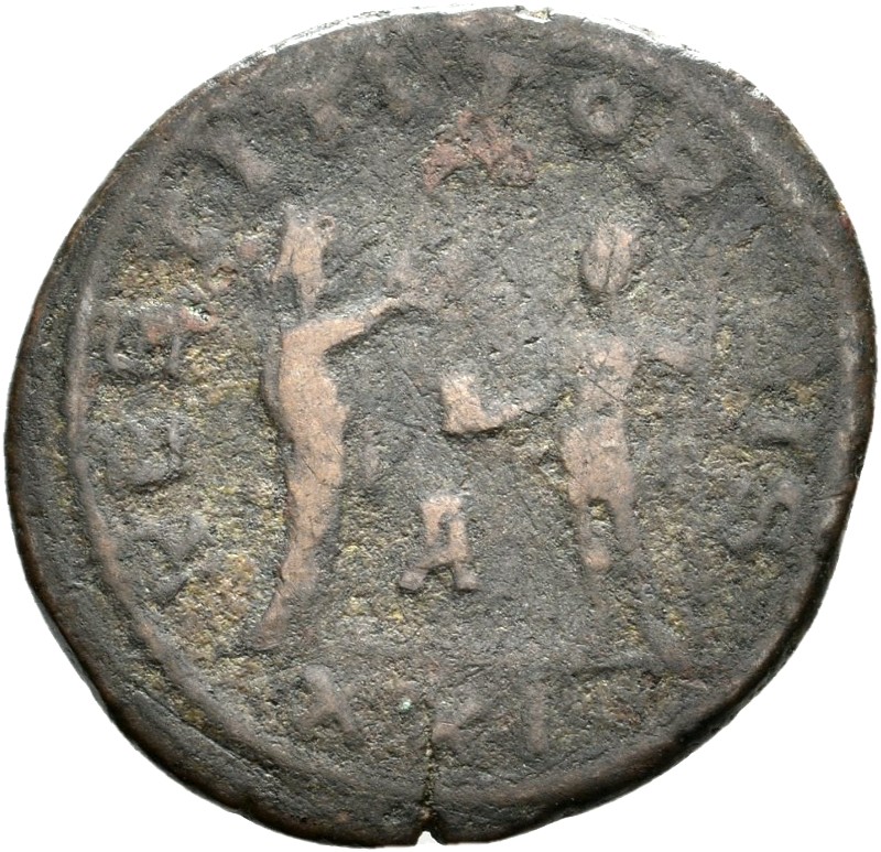 RIC V Probus 925 Probus reverse, Female figure, draped, standing right, presenting wreath to Probus, standing left, holdin...