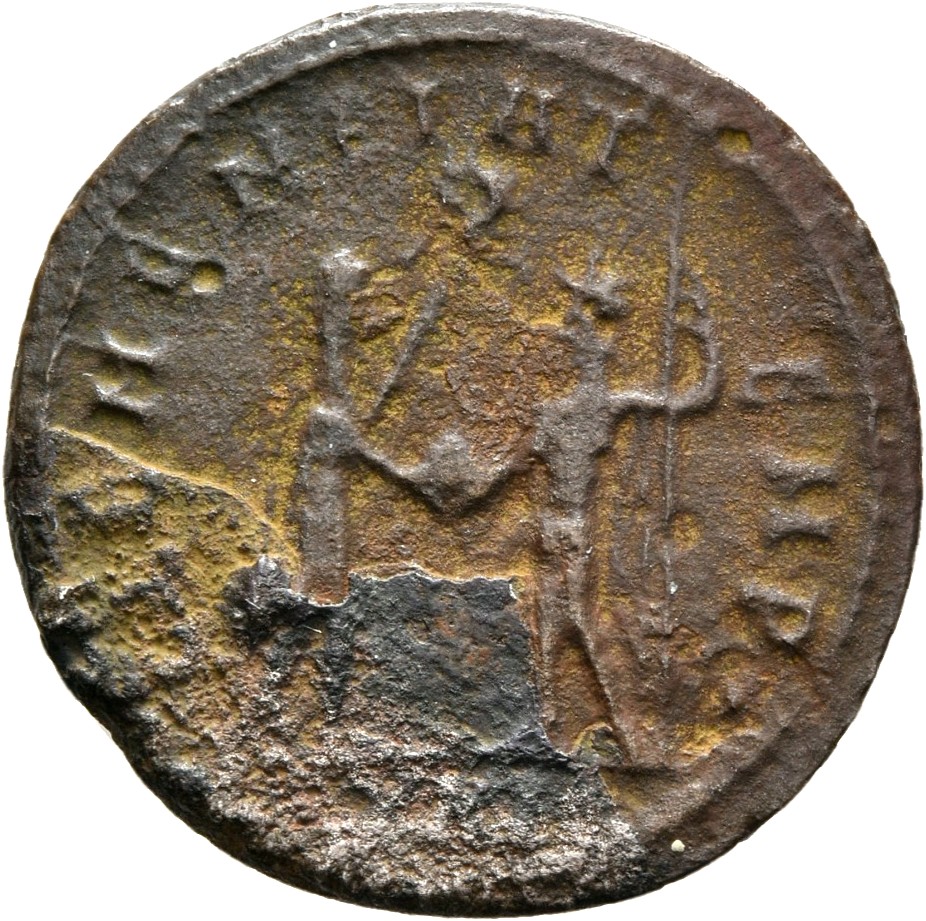 RIC V Probus 927 Probus reverse, Probus, standing right, holding sceptre, receiving globe from Jupiter, standing left, hol...