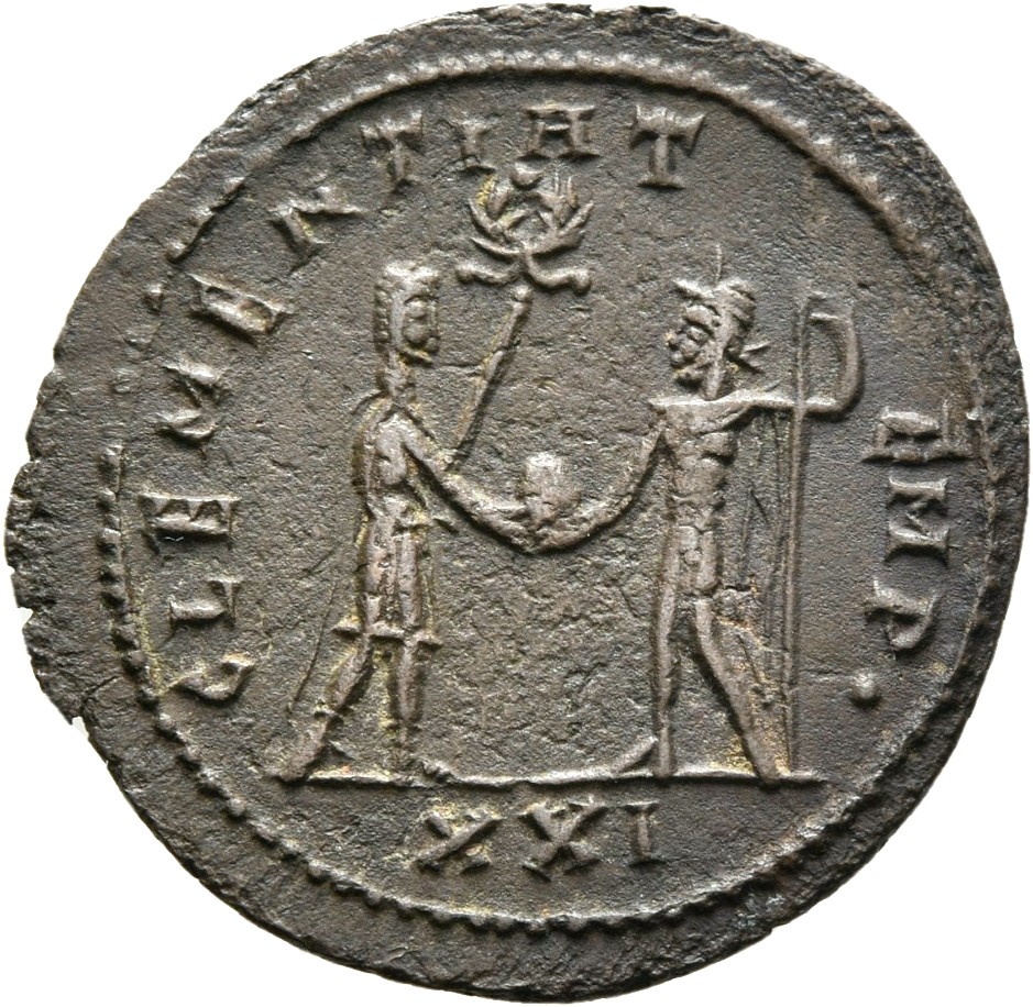 RIC V Probus 927 Probus reverse — Probus, standing right, holding sceptre, receiving globe from Jupiter, standing left, ho...