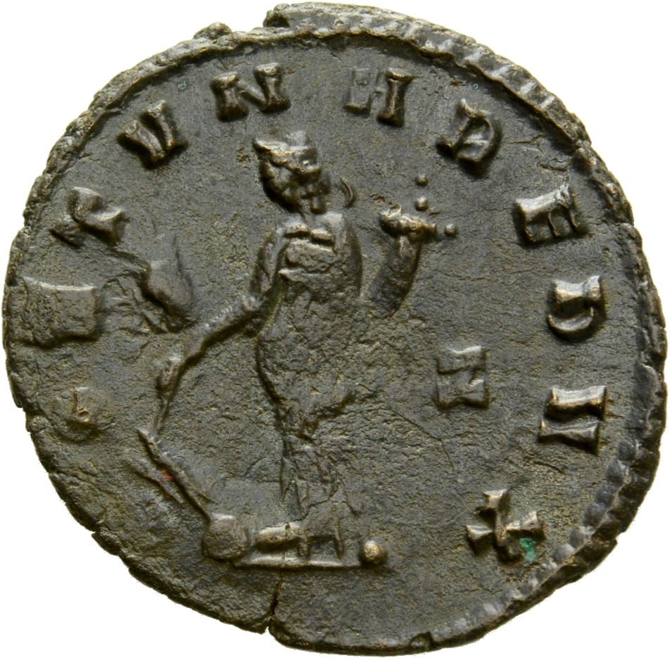RIC V Quintillus 20 Quintillus reverse, Fortuna, draped, standing left, holding rudder set on globe in right hand and corn...