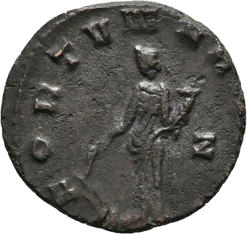 RIC V Quintillus 20 Quintillus reverse — Fortuna, draped, standing left, holding rudder set on globe in right hand and cor...
