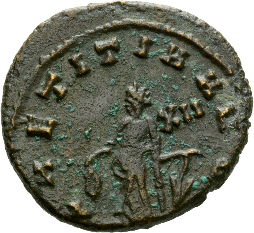 RIC V Quintillus 22 Quintillus reverse, Laetitia, draped, standing left, holding wreath in right hand and anchor set on gl...