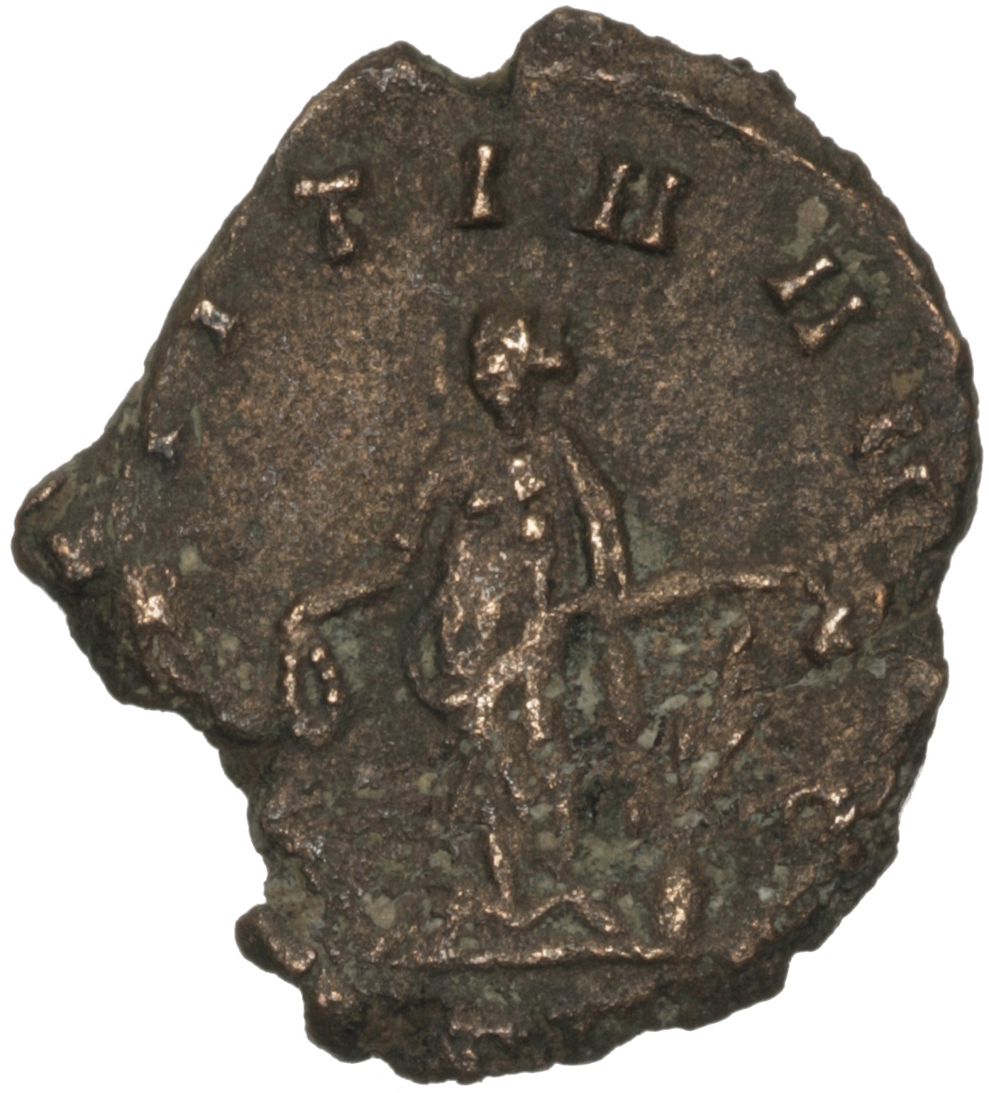 RIC V Quintillus 22 Quintillus reverse — Laetitia, draped, standing left, holding wreath in right hand and anchor set on g...