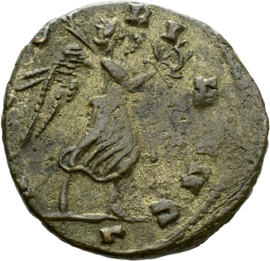 RIC V Quintillus 33 Quintillus reverse, Victory, winged, draped, walking right, holding wreath in right hand and palm in l...