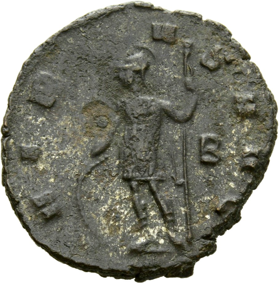 RIC V Quintillus 35 Quintillus reverse, Soldier, helmeted, in military attire, standing left, resting right hand on shield...