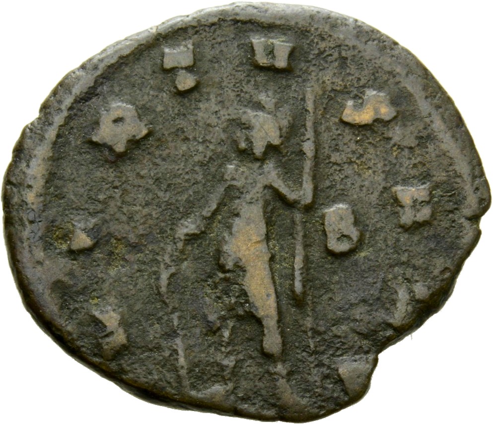 RIC V Quintillus 35 Quintillus reverse — Soldier, helmeted, in military attire, standing left, resting right hand on shiel...