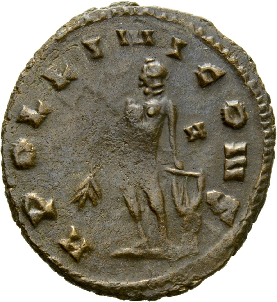 RIC V Quintillus 9 Quintillus reverse, Apollo, standing left, holding laurel-branch in right hand and lyre set on rock in ...