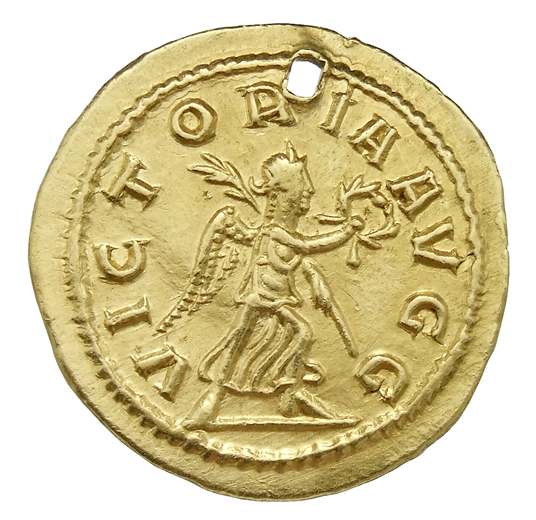 RIC V Quietus 1 Quietus reverse, Victory, winged, draped, walking right, holding wreath in right hand and palm in left hand