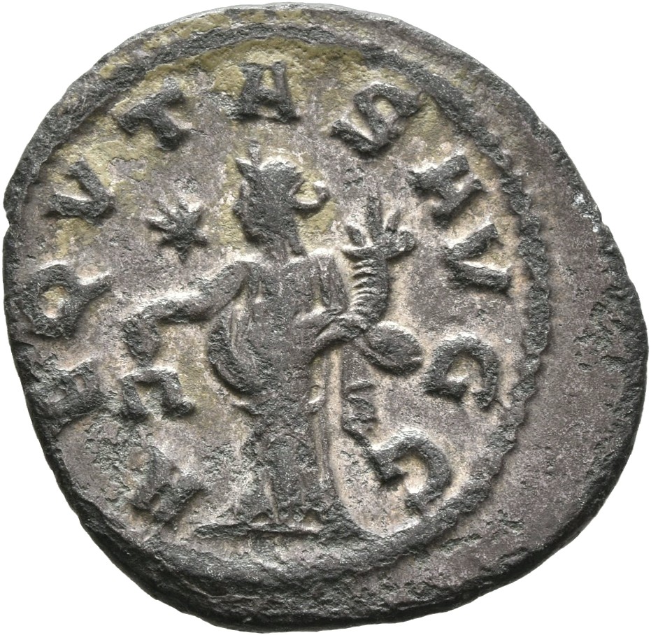 RIC V Quietus 2 Quietus reverse, Aequitas, draped, standing left, holding scales in right hand and cornucopiae in left hand