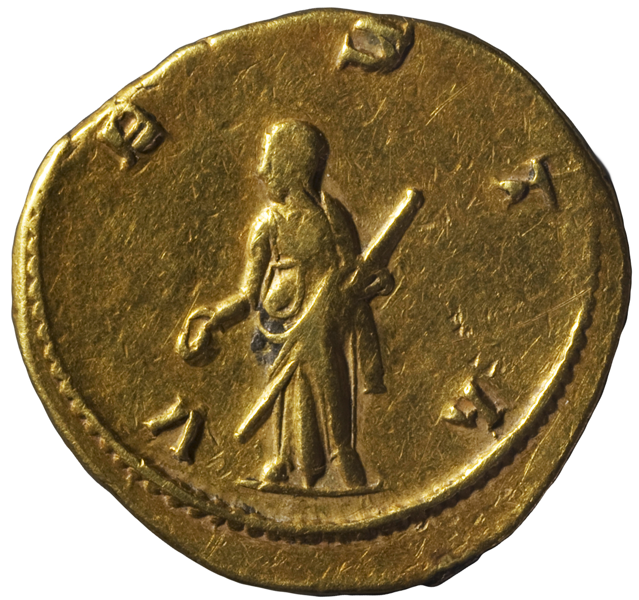 RIC V Salonina 14 Valerian reverse, Vesta, draped, standing left, holding patera in right hand and sceptre in left hand