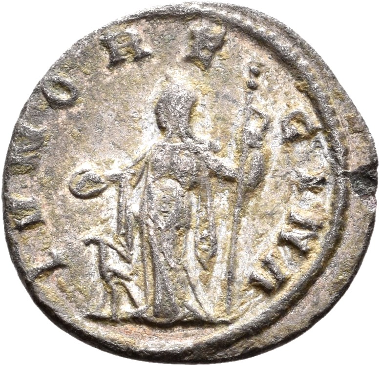 RIC V Salonina 30 Valerian reverse, Juno, draped, standing left, holding patera in right hand and sceptre in left hand; so...