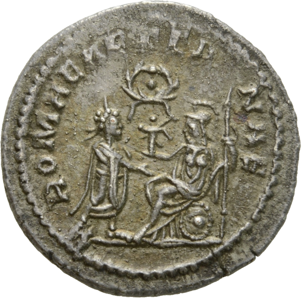 RIC V Salonina 67: Subtype 3 Valerian reverse, Gallienus, receiving Victory from Roma, seated left, holding spear in left ...