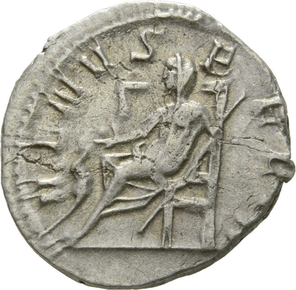 RIC V Salonina 7 Valerian reverse, Venus, veiled, draped, seated left, holding apple in right hand and sceptre in left han...