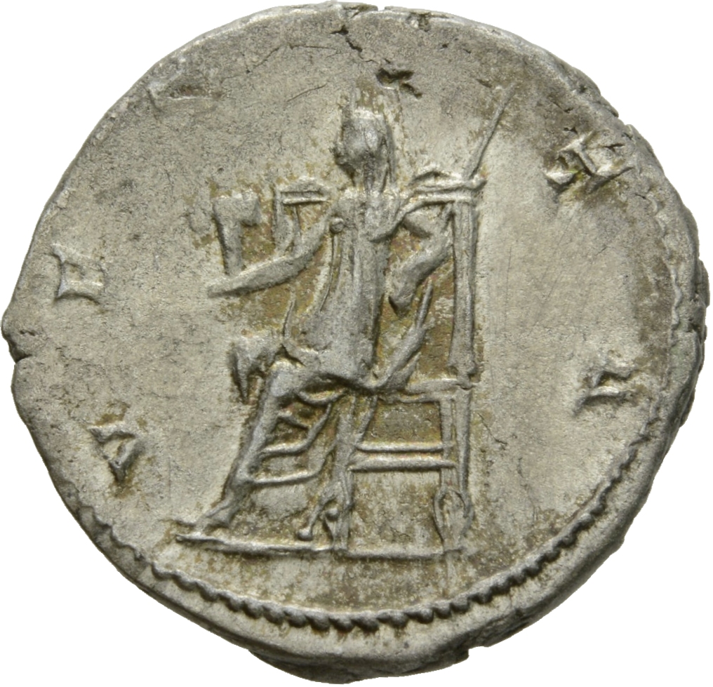 RIC V Salonina 70 Valerian reverse, Vesta, draped, seated left, holding Victory in right hand and sceptre in left hand